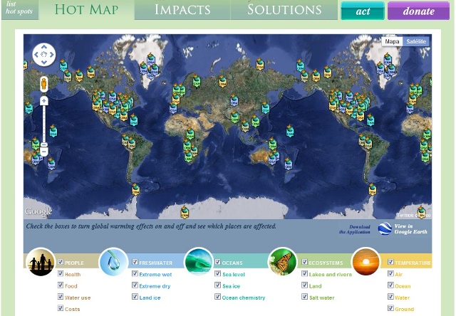 Mapa-múndi interativo mostra pontos do planeta já impactados pelas alterações do clima. Crédito: UCS
